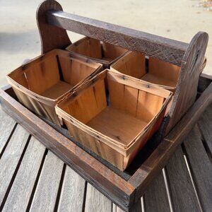 Vintage Handmade Rustic Wooden Berry 4 Basket Carrier Farmhouse Decor